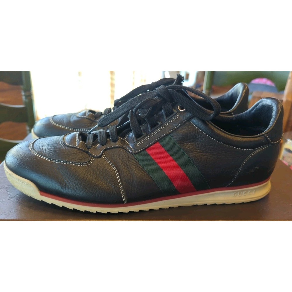 Gucci GG Web Stripe Sneakers Black Leather Size 8 US Low Top Lace-Up Trainer Box - Picture 7 of 16